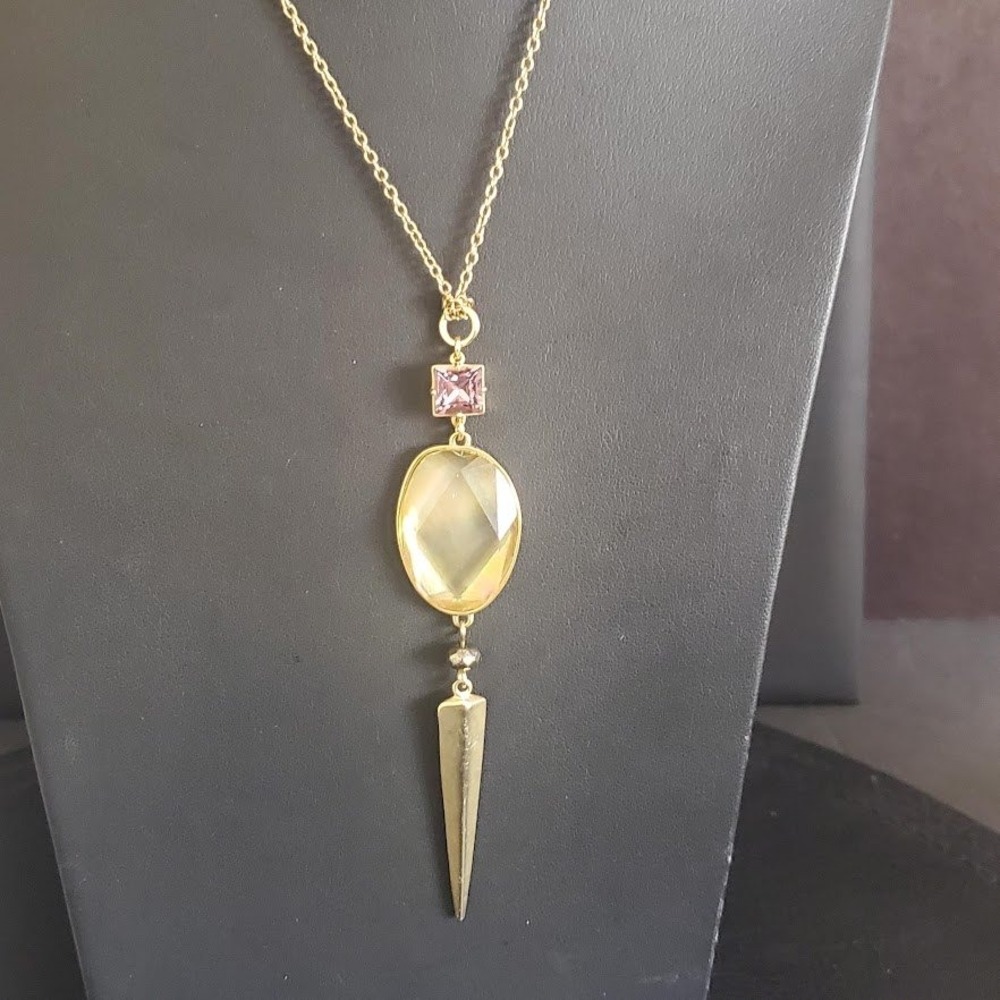 Spartina 449 Gold‎ Tone Spike Long Pendant Necklace Pink Crystal Green Stone